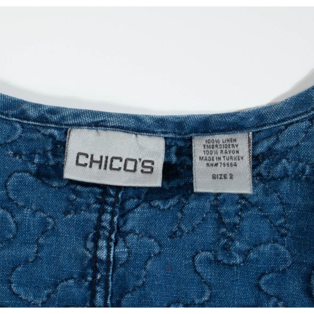 Chico’s L Linen Jacket‎ Blue Floral Embroidered Open Front Pockets Lagenlook - Picture 3 of 5
